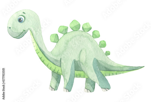 Cute cartoon dinosaur painted in watercolor isolated on white background. Fantastic prehistoric animal sticker