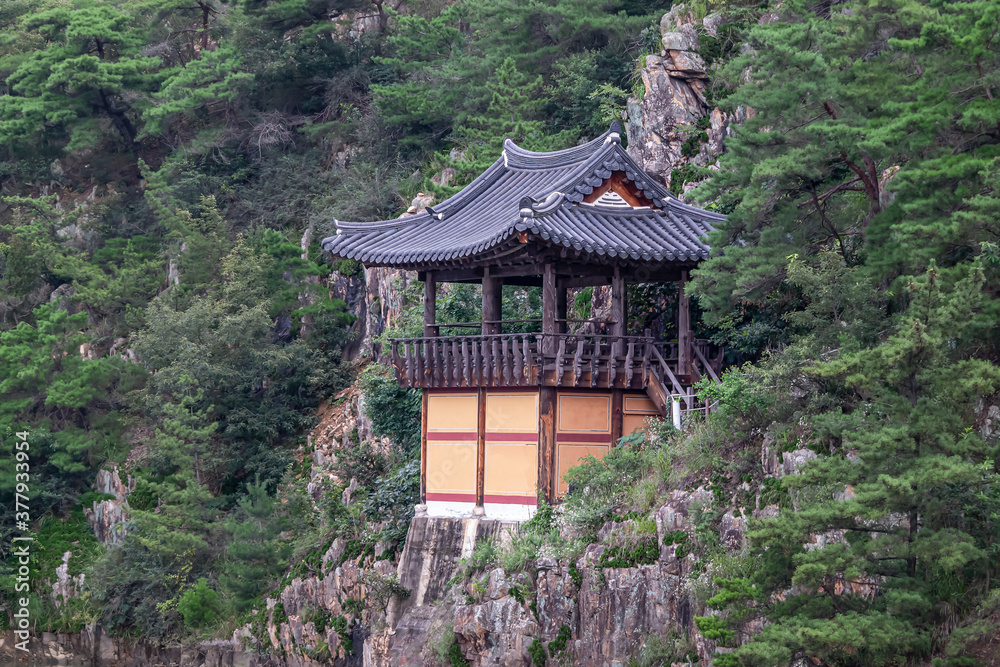 Observatory of traditional building located on the cliff of Geumosan Mountain in Gumi city, South Korea Observatory of traditional building located on the cliff of Geumosan Mountain in Gumi city, South Korea