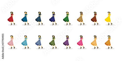 girls or women in colorful dresses, a hat and platform sandals. Red, orange, yellow, green, blue, blue, purple, purple, brown, pink clothing. The wind blows up the skirt. Silhouette isolated