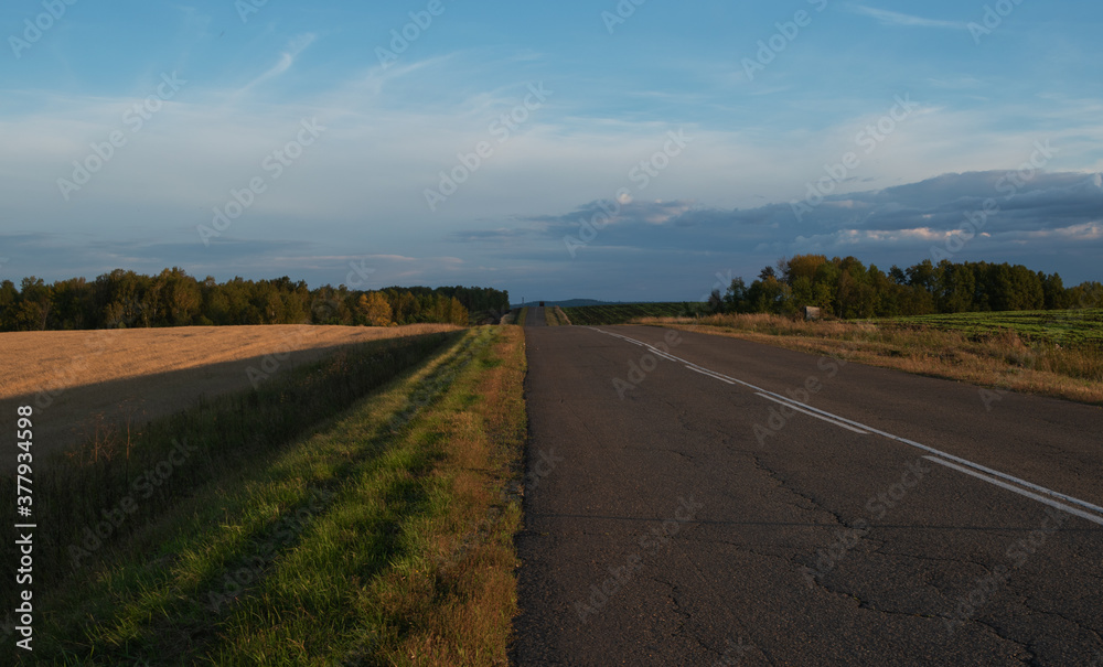 Panorama of an asphalt road in the countryside at sunset. Photo.