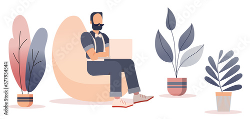 People working at home office, Flat style cartoon faceless character. Lifestyle, self isolation, freelance, pandemic concept. Minimal vector illustration set.