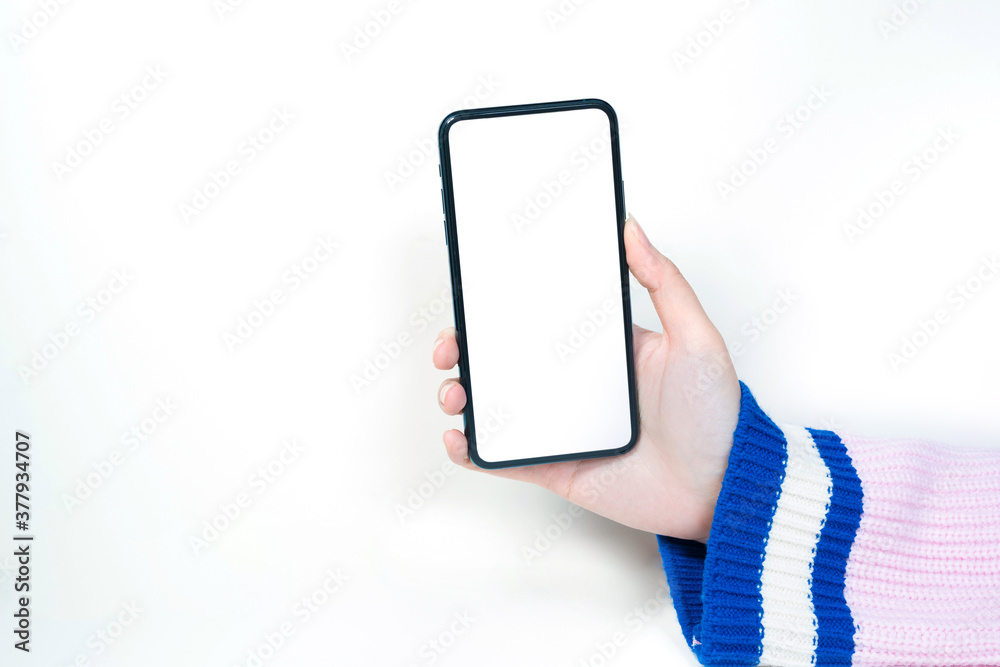contactless in new normal concept from woman hand hold and smart phone with white isolated background contactless in new normal concept from woman hand hold and smart phone with white isolated background