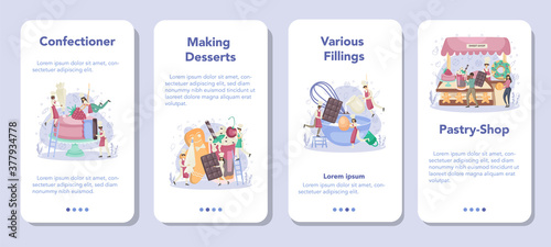 Confectioner mobile application banner set. Professional confectioner