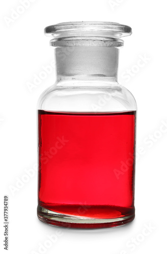 Glass apothecary bottle with red liquid sample isolated on white. Laboratory analysis