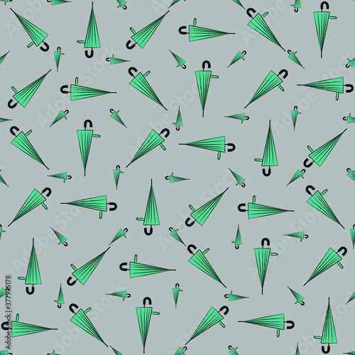 Seamless flat vector pattern with blue umbrelllas in closed position on grey background