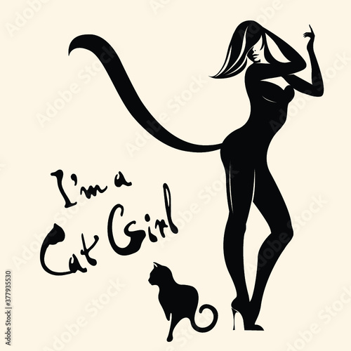 Sexy girl with cat, dressed in a black latex suit.Vector illustration.High heels young lady.Female body shape and pet.