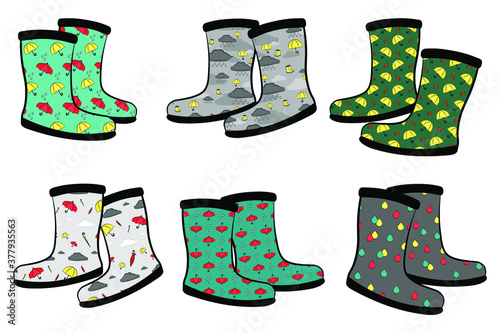 Set of rubber boots with different prints. Waterproof footwear for seasonal design in flat style. Isolated vector illustration of gumboots for protection against water and puddles.