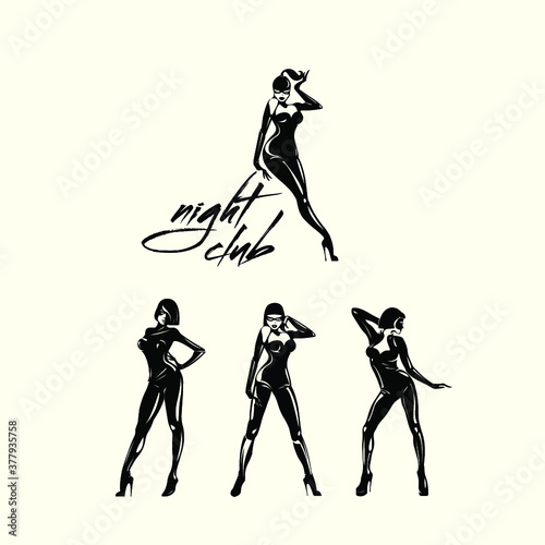 Sexy women in latex suits set.Girls dancing.High heels shoes.Female body silhouettes isolated on light background.Fashion and beauty icons.