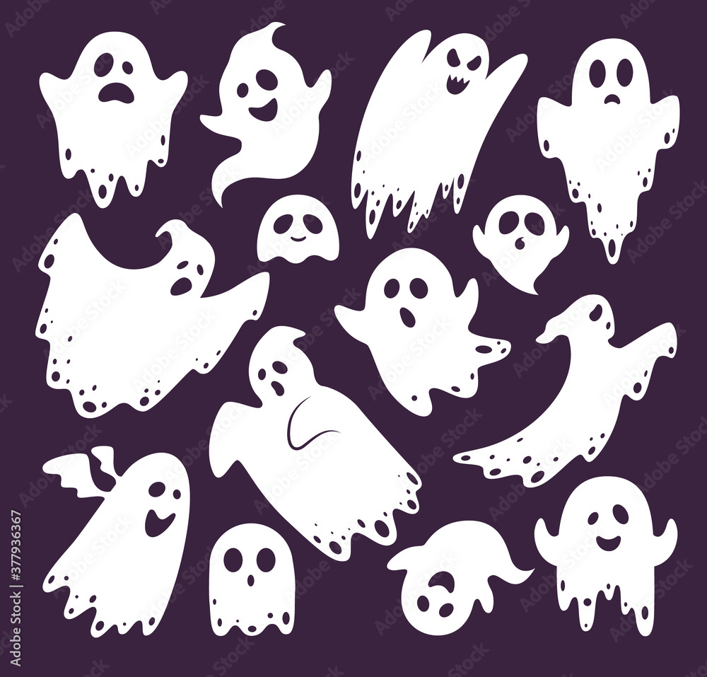 Funny Halloween ghosts set of various shapes. White flying spooky ghost silhouette isolated on dark background. Funny Halloween ghosts set of various shapes. White flying spooky ghost silhouette isolated on dark background.
