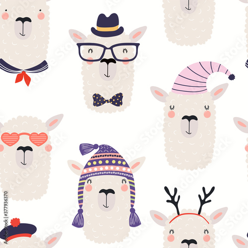 Cute funny llama faces in hats and glasses seamless pattern, on a white background. Hand drawn vector illustration. Scandinavian style flat design. Concept for kids textile, fashion print, wallpaper.