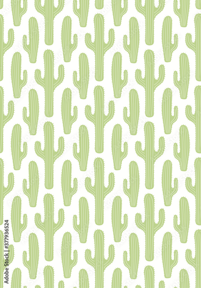 Green cactus on white seamless floral pattern, botanical background. Hand drawn vector illustration. Scandinavian style flat design. Concept for kids textile, fashion print, wallpaper, packaging.