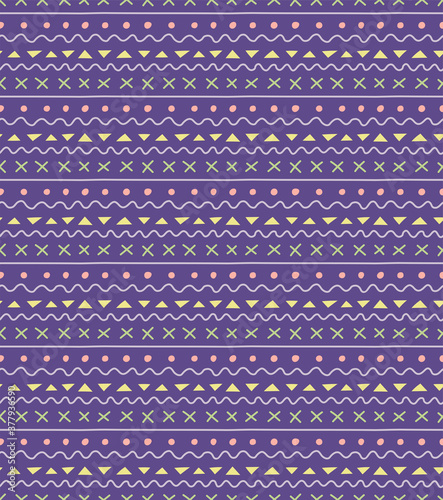 Seamless geometric pattern with dots, stripes, triangles, violet, yellow, green, pink. Hand drawn vector illustration. Scandinavian style flat design. Concept for kid textile print, wallpaper, package