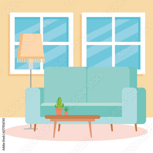 interior of the living room home, with couch, windows and decoration vector illustration design