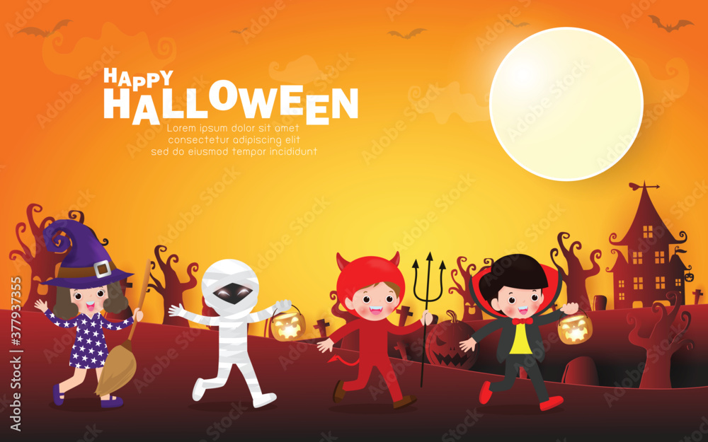 Happy halloween party poster, Cute Little group kids dressed in Halloween fancy  dress to go Trick or Treating, paper art banner background, Template for  advertising poster brochure Vector Illustration Stock Vector |