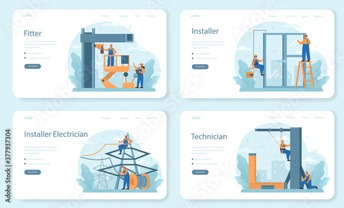 Installer web banner or landing page set. Worker in uniform