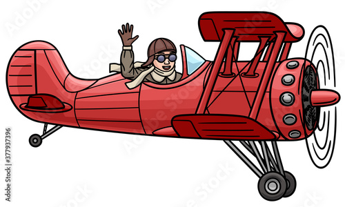 Red biplane flying in the air. Isolated illustration. photo