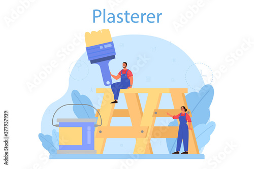 House wall plasterer concept. People in the uniform plastering