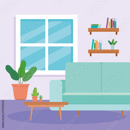 interior of the living room home, with couch, table, pot plant and decoration vector illustration design