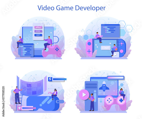 Game development concept set. Creative process of a computer