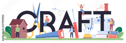 Craft typographic header. Student holding art tools. Teacher