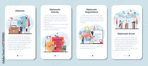 Diplomat profession mobile application banner set. Idea of international