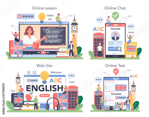 English class online service or platform set. Study foreign languages