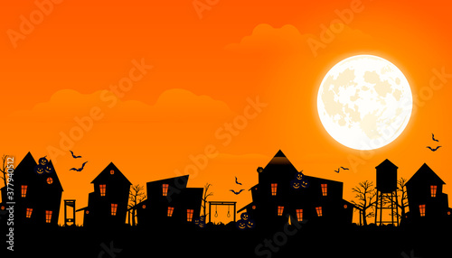 Halloween 2020. City panorama in halloween style. Scary halloween isolated background. Orange and yellow background. Vector illustration.