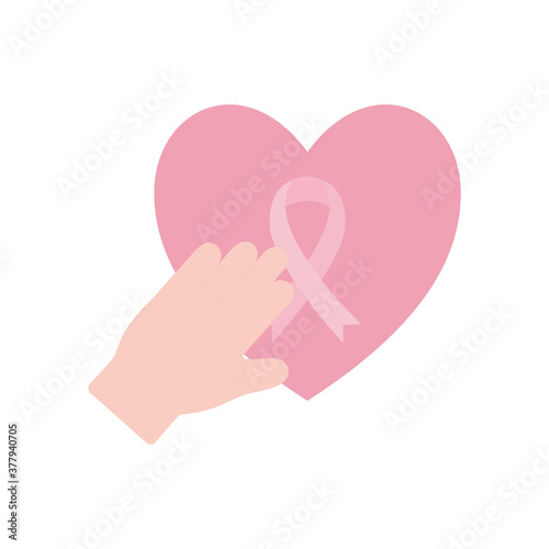breast cancer ribbon in heart with hand flat style icon vector design