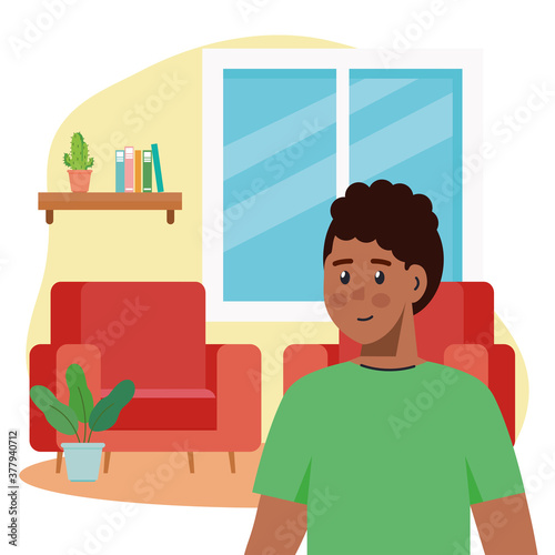 young man afro in the living room scene vector illustration design