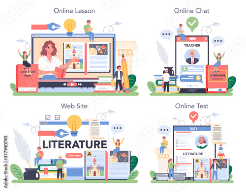 Literature school subject online service or platform set. Study ancient