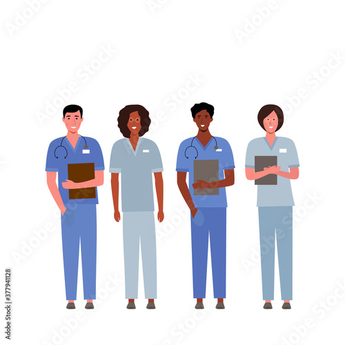 
Cartoon international group of hospital medical workers together on a white background. doctors, nurses, paramedics, orderlies. Flat vector illustration. Working together to provide assistance. 