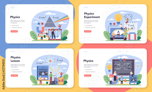 Physics school subject web banner or landing page set. Scientist