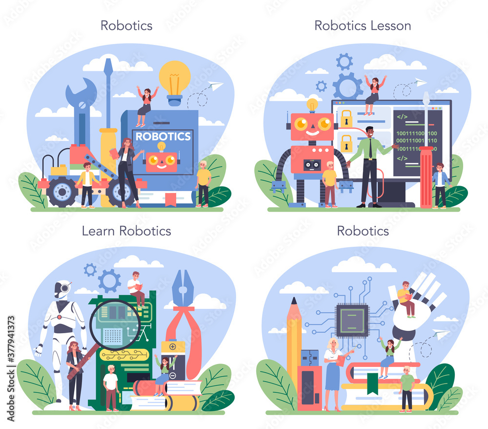 Robotics school subject concept set. Robot engineering and programming Robotics school subject concept set. Robot engineering and programming