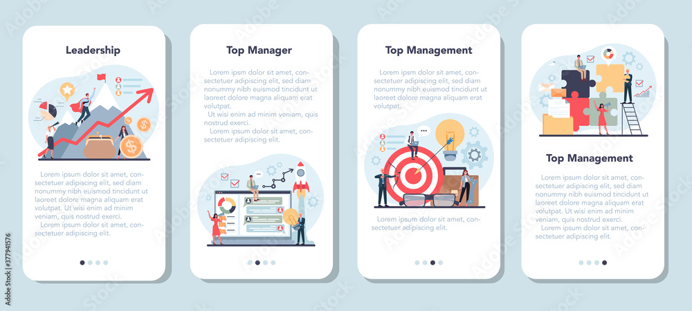 Business top management mobile application banner set. Business top management mobile application banner set.
