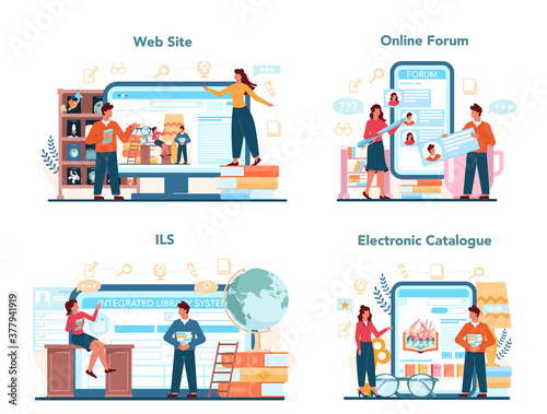 Librarian online service or platform set. Library staff lending out