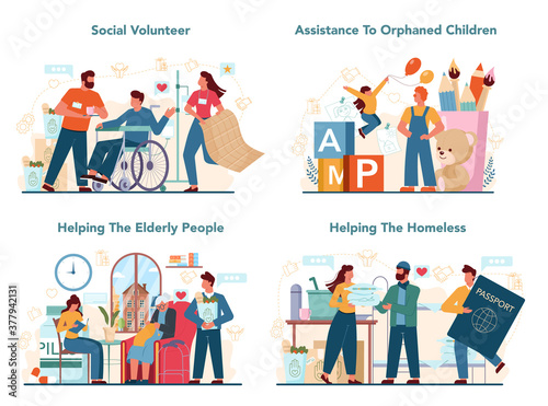 Social volunteer set. Charity community support and take care of people