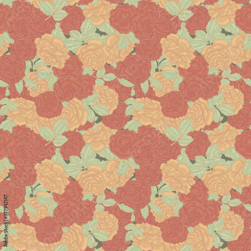 Pattern of red and yellow roses on a green background vector illustration