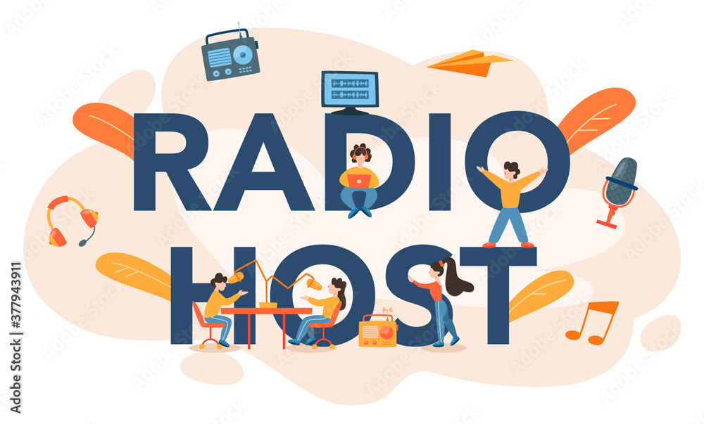Radio host typographic header. Idea of news broadcast in the studio Radio host typographic header. Idea of news broadcast in the studio
