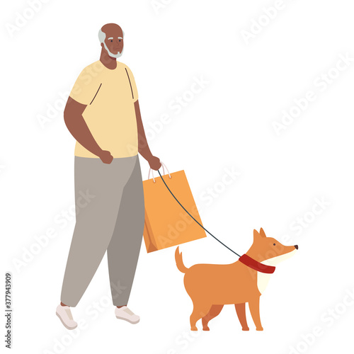 old man afro with bag shopping, walking with dog mascot in white background vector illustration design