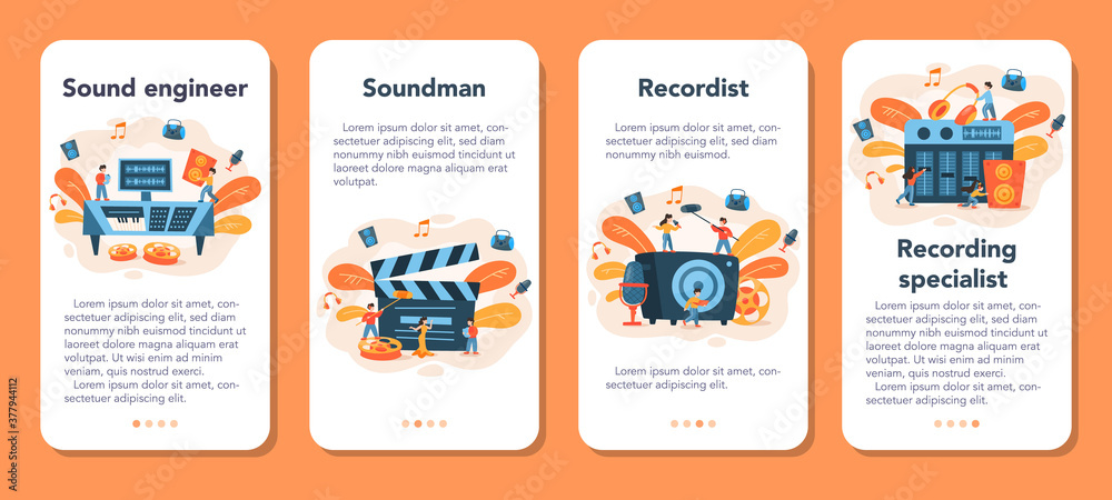 Sound engineer mobile application banner set. Music production industry