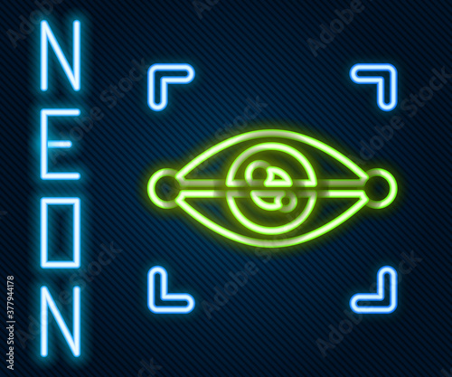 Glowing neon line Eye scan icon isolated on black background. Scanning eye. Security check symbol. Cyber eye sign. Colorful outline concept. Vector.