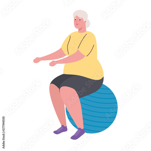 old woman practicing exercise with ball plastic, sport exercise concept vector illustration design