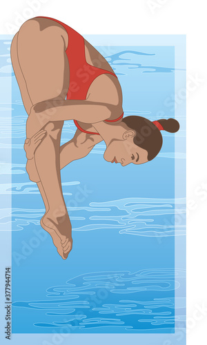 diver, female in pike diving position with swimming pool in the background