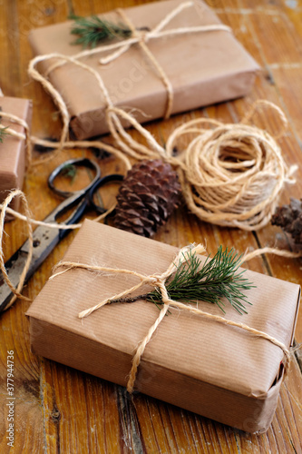 Handmade gifts from craft paper and tied with rope