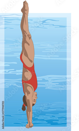 Tablou canvas diver, female in straight position with swimming pool in the background