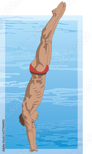 diver, male in straight diving position with swimming pool in the background