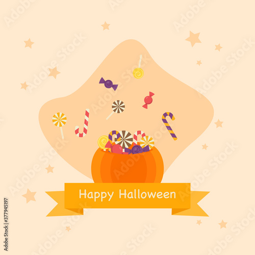 This is an illustration of pumpkin and candy on a light background. Flat style. Could be used for flyers, postcards, banners, holidays, etc.