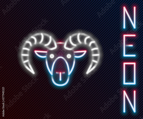 Glowing neon line Head of goat or ram icon isolated on black background. Mountain sheep. Animal symbol. Colorful outline concept. Vector.