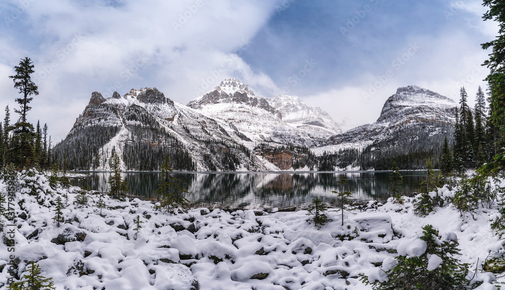 Rocky mountains with snow covered on winter at Lake O'hara, Yoho national park, Canada
