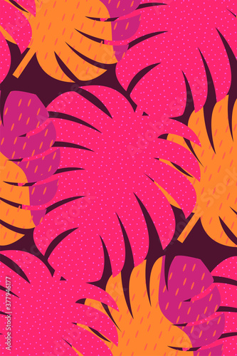 Stylish monstera leaves with motifs pattern, colorful foliage vector art poster template.